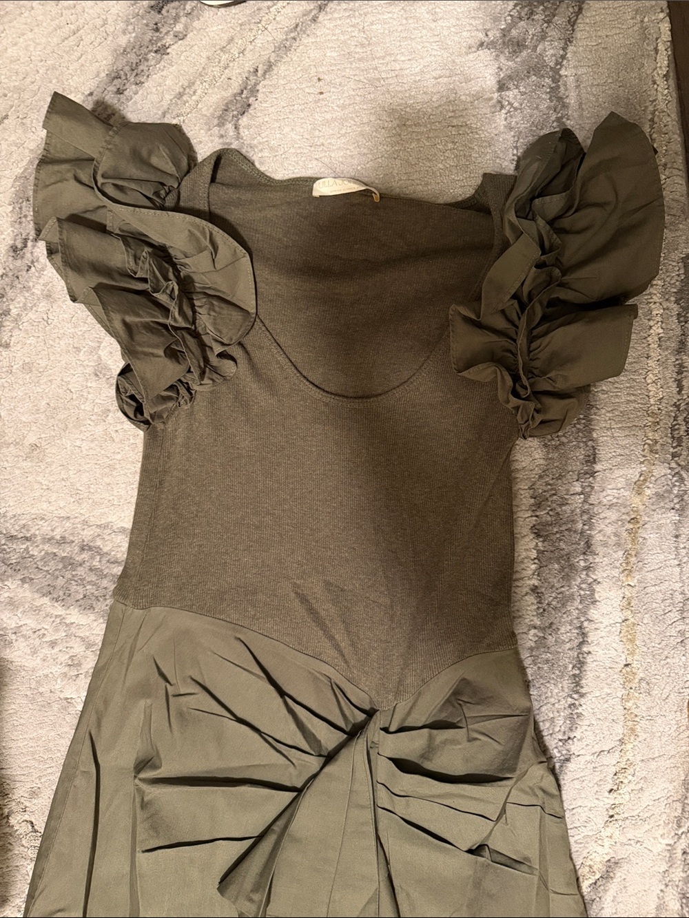 Ulla Johnson Olive Green Ruffle Sleeve Knit Dress